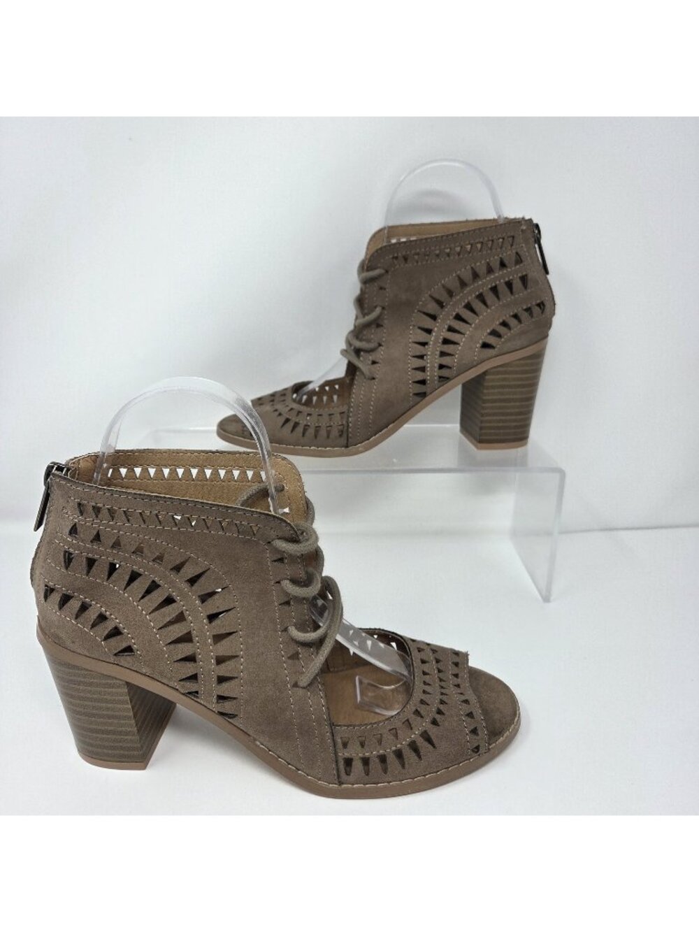 Canyon Open Toe Laser Cut Lace Up Heeled Botties Brown Size 8 Faux Leather Boho